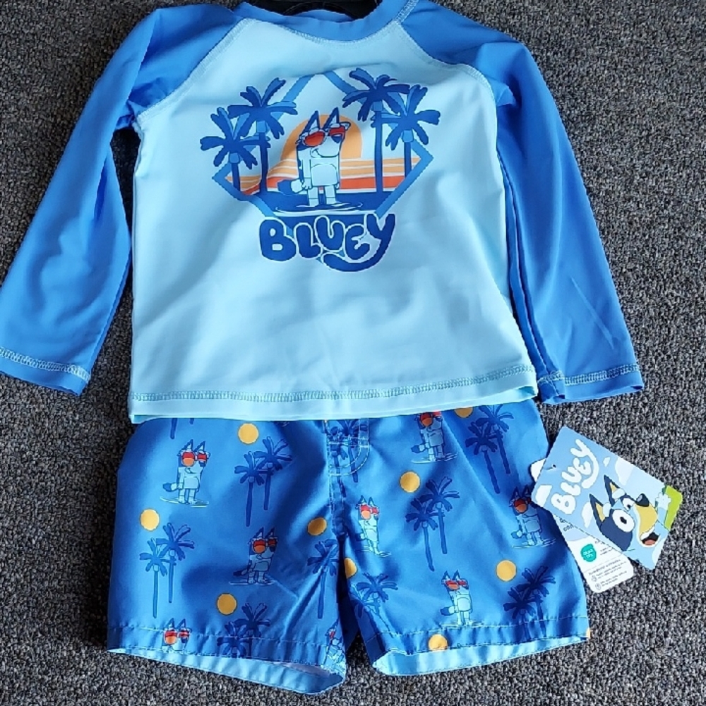 NWT, Bluey Kids Swim Rashguard Set - Light Blue and Blue